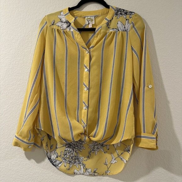 Anthropology Fig and Flower Blouse PS Yellow White Striped Floral Print Button - Picture 1 of 8